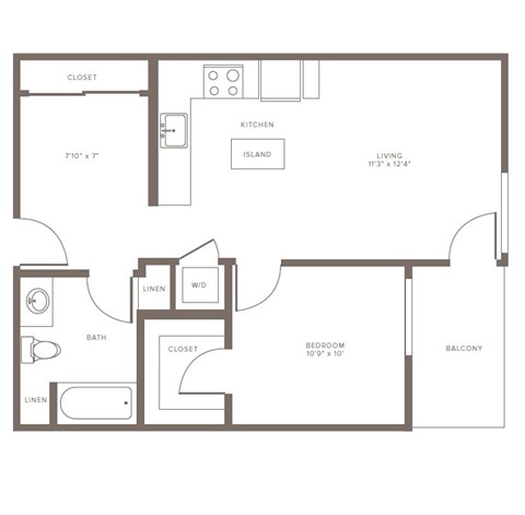 Floor plan for 1 bed, 1 bath, 679 sqft